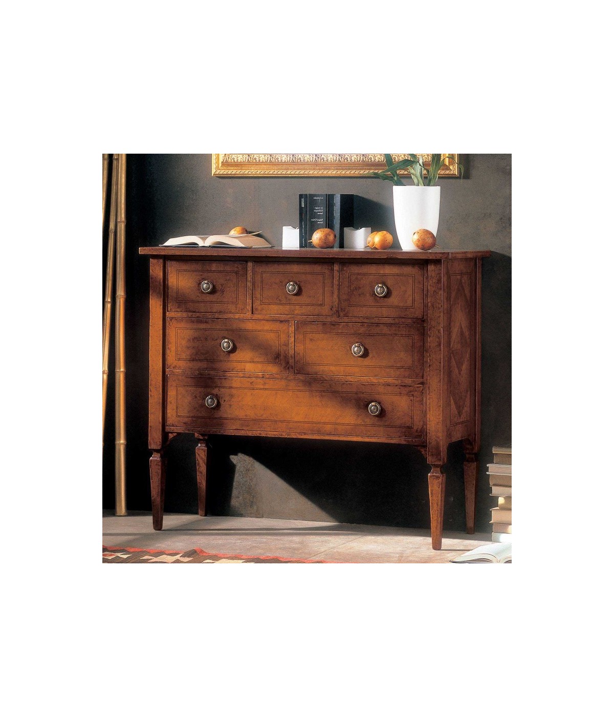 MOBILI 2G - Cassettiera 6 cassetti Classica intarsio Legno bassano 100x40x87 vista frontale