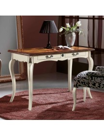 MOBILI 2G - Scrivania 2 cassetti legno bianco bicolore shabby 120X60x77 VISTA FRONTALE