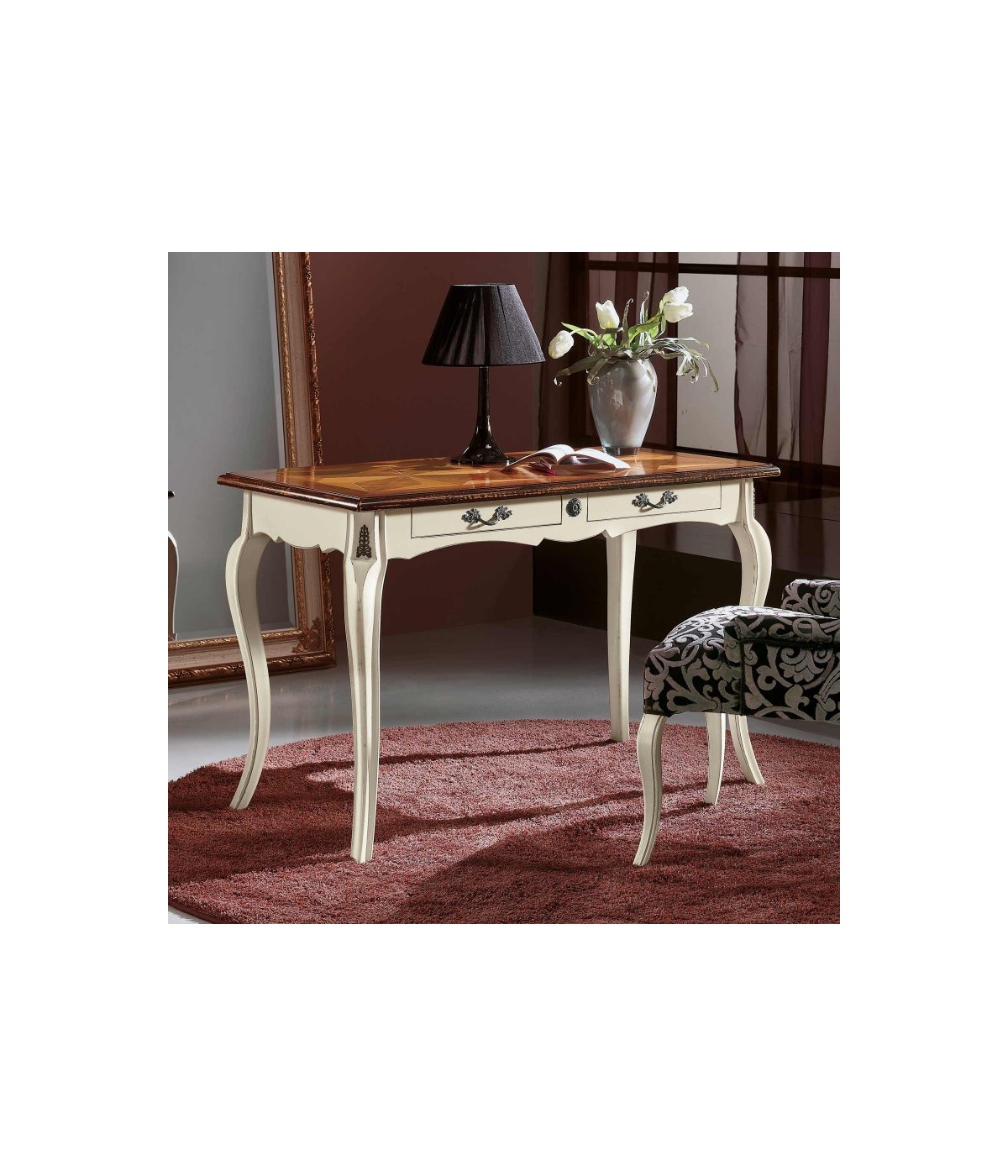 MOBILI 2G - Scrivania 2 cassetti legno bianco bicolore shabby 120X60x77 VISTA FRONTALE