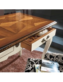 MOBILI 2G - Scrivania 2 cassetti legno bianco bicolore shabby 120X60x77 VISTA FRONTALE CASSETTO APERTO E PIANO INTARSIATO