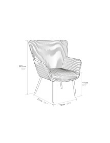 MOBILI 2G - Poltrona moderna Design metallo imbottita velluto 72x73x87,5 vista frontale misure