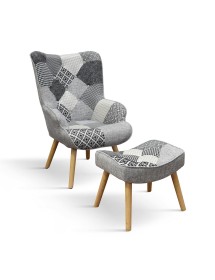 MOBILI 2G - Poltrona moderna Patchwork con pouf imbottita 67x76x97 vista frontale