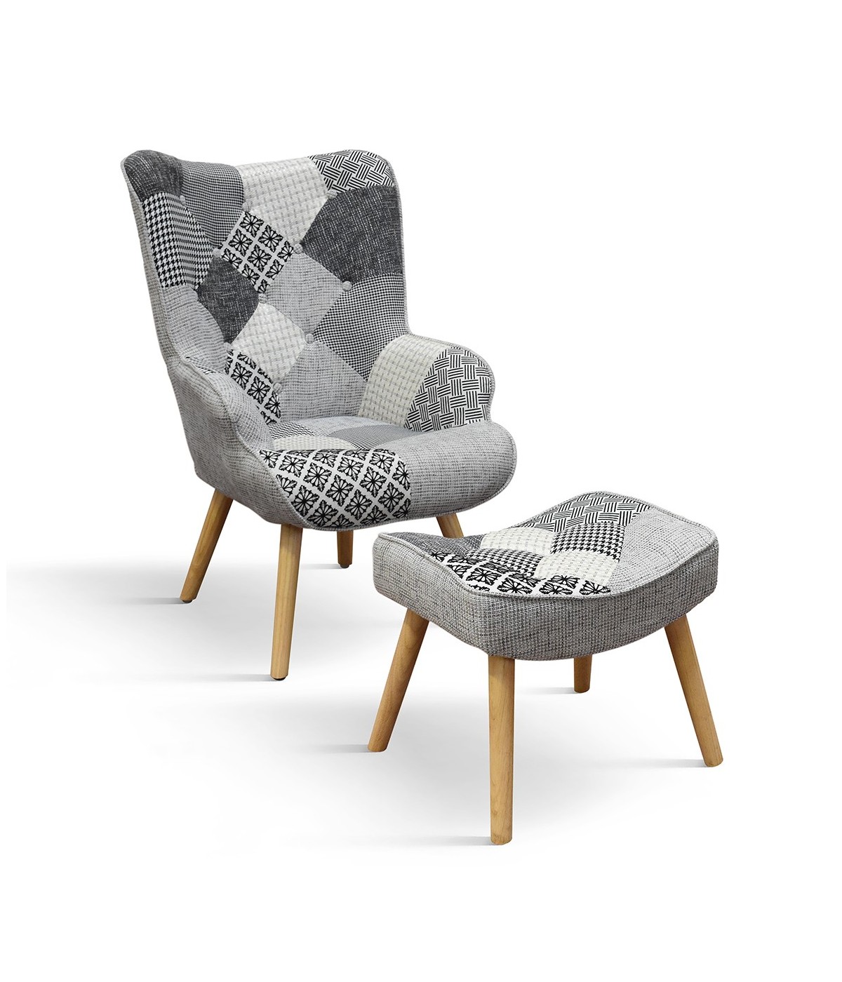 MOBILI 2G - Poltrona moderna Patchwork con pouf imbottita 67x76x97 vista frontale