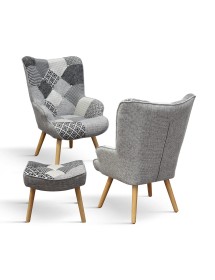 MOBILI 2G - Poltrona moderna Patchwork con pouf imbottita 67x76x97 vista frontale poltrona e pouf