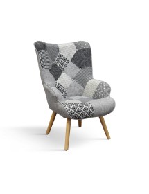 MOBILI 2G - Poltrona moderna Patchwork con pouf imbottita 67x76x97 vista frontale