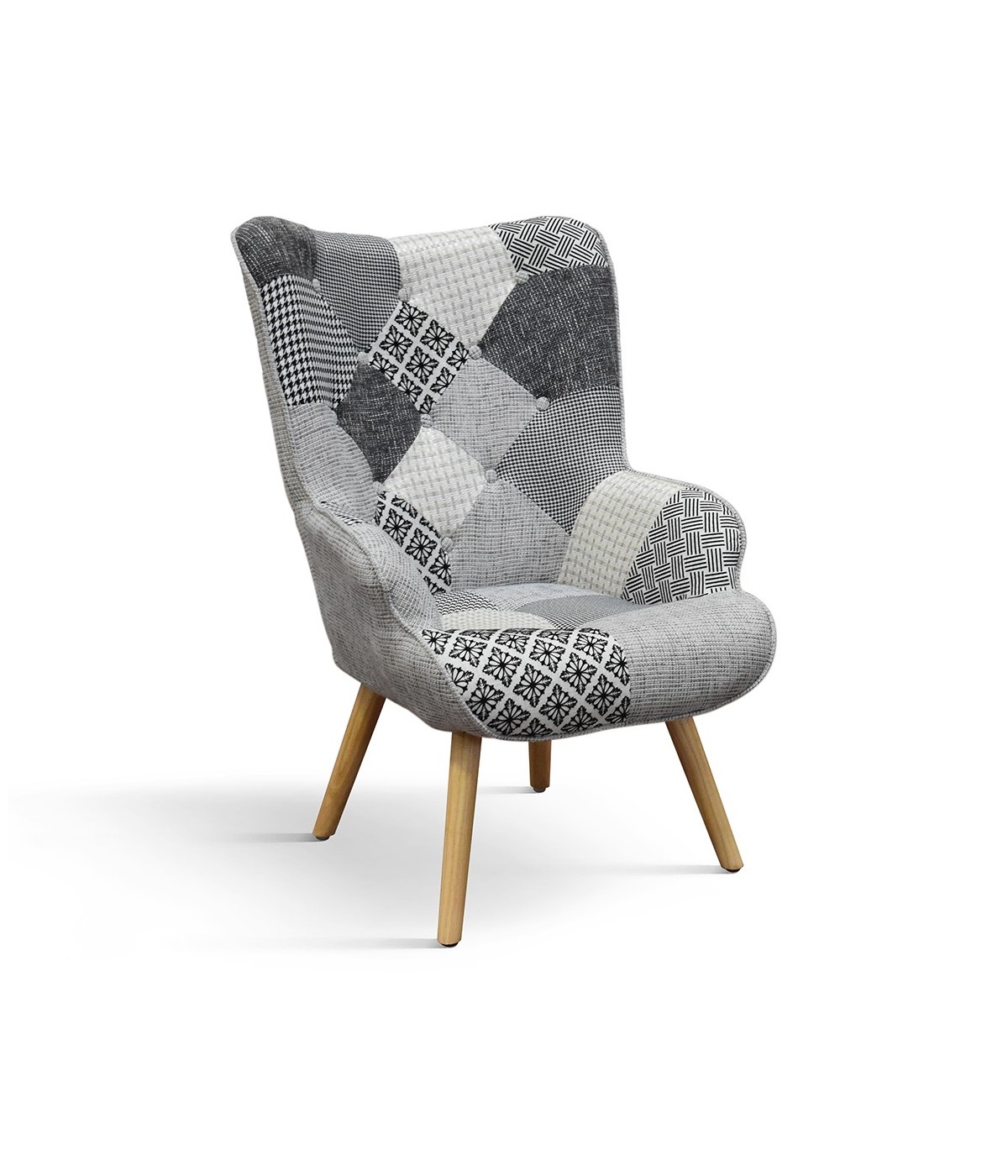 MOBILI 2G - Poltrona moderna Patchwork con pouf imbottita 67x76x97 vista frontale