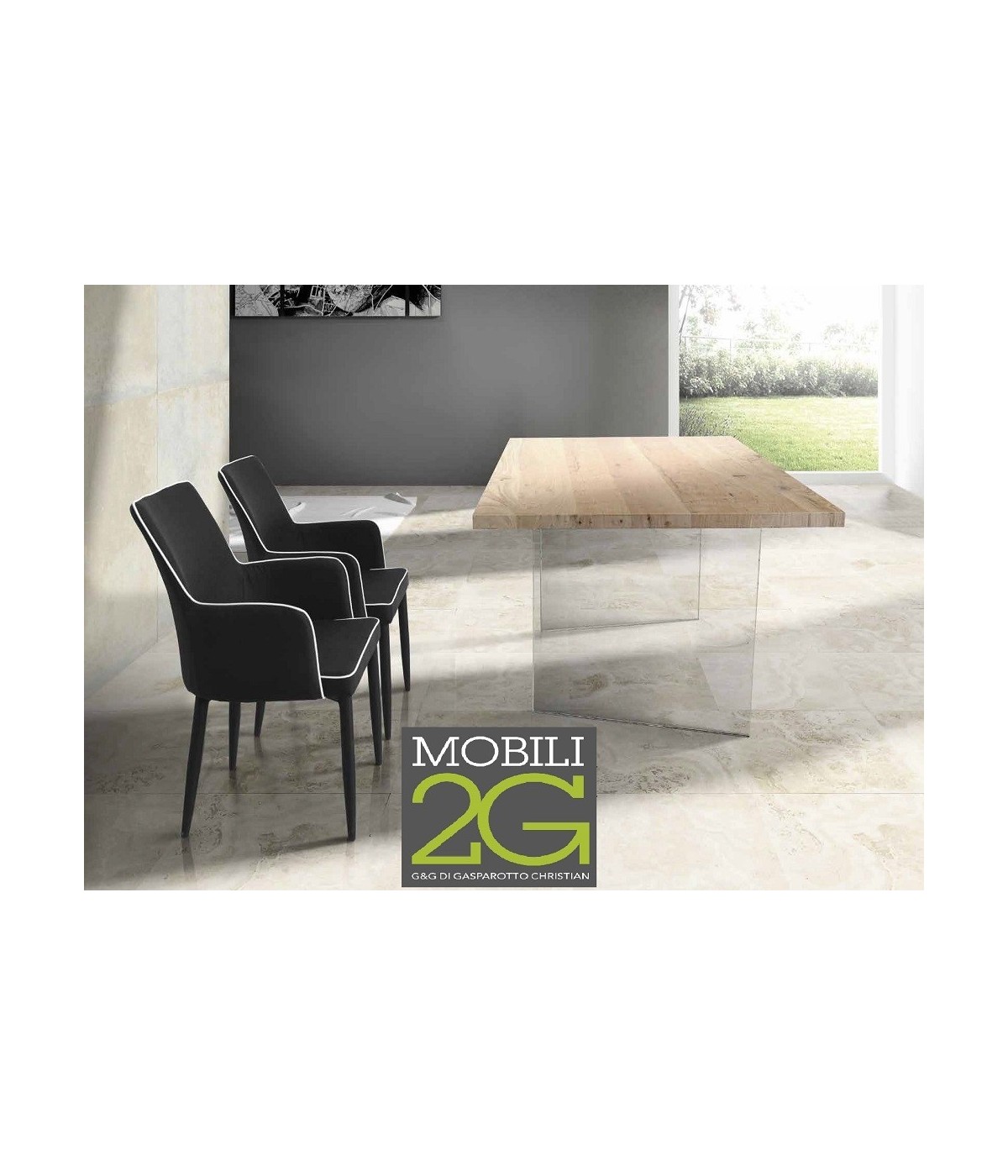 MOBILI 2G - TAVOLO FISSO IN LEGNO ROVERE IMPIALLACCIATO 160x90  spessore 4 cm E GAMBE IN VETRO