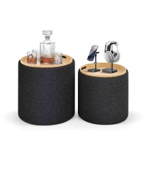 MOBILI 2G - Set 2 pouf contenitori con vassoio tessuto grigio VISTA APERTO