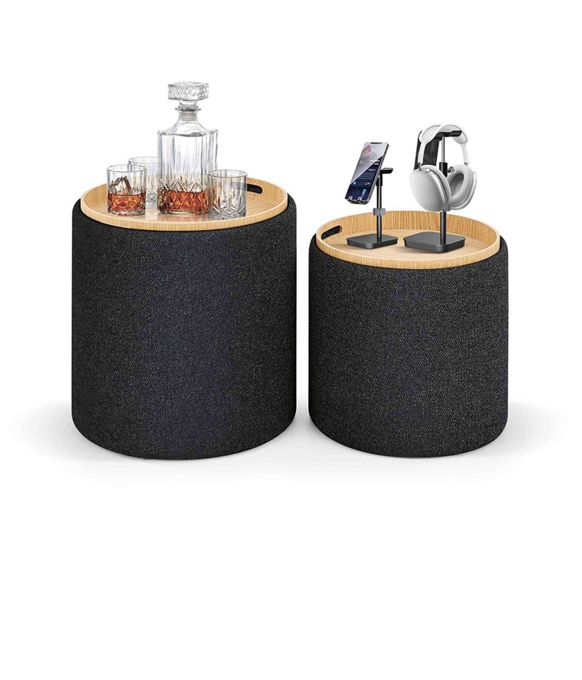 MOBILI 2G - Set 2 pouf contenitori con vassoio tessuto grigio VISTA APERTO