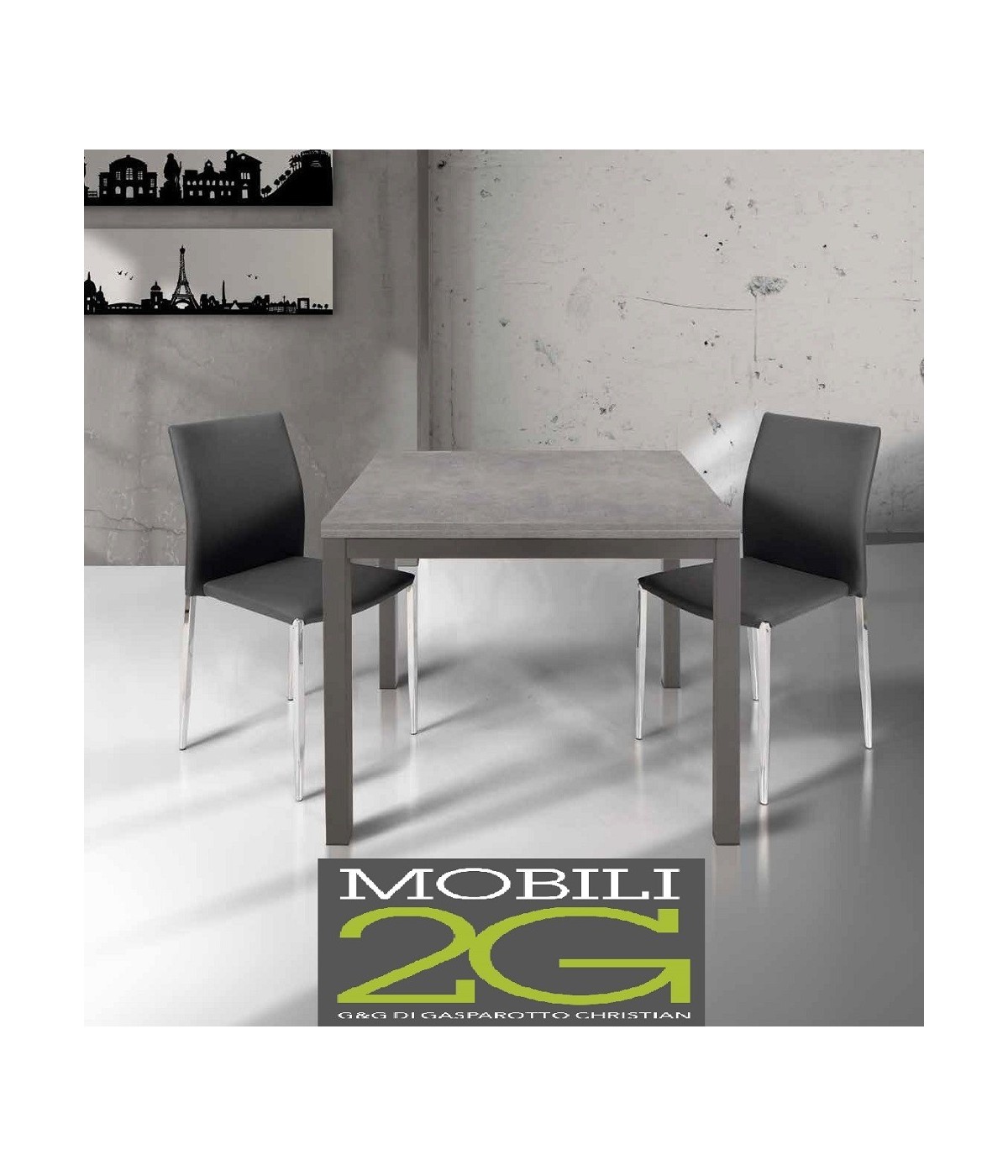 MOBILI 2G - TAVOLO MODERNO GRIGIO CEMENTO ALLUNGABILE LIBRO 90X90 VISTA FRONTALE