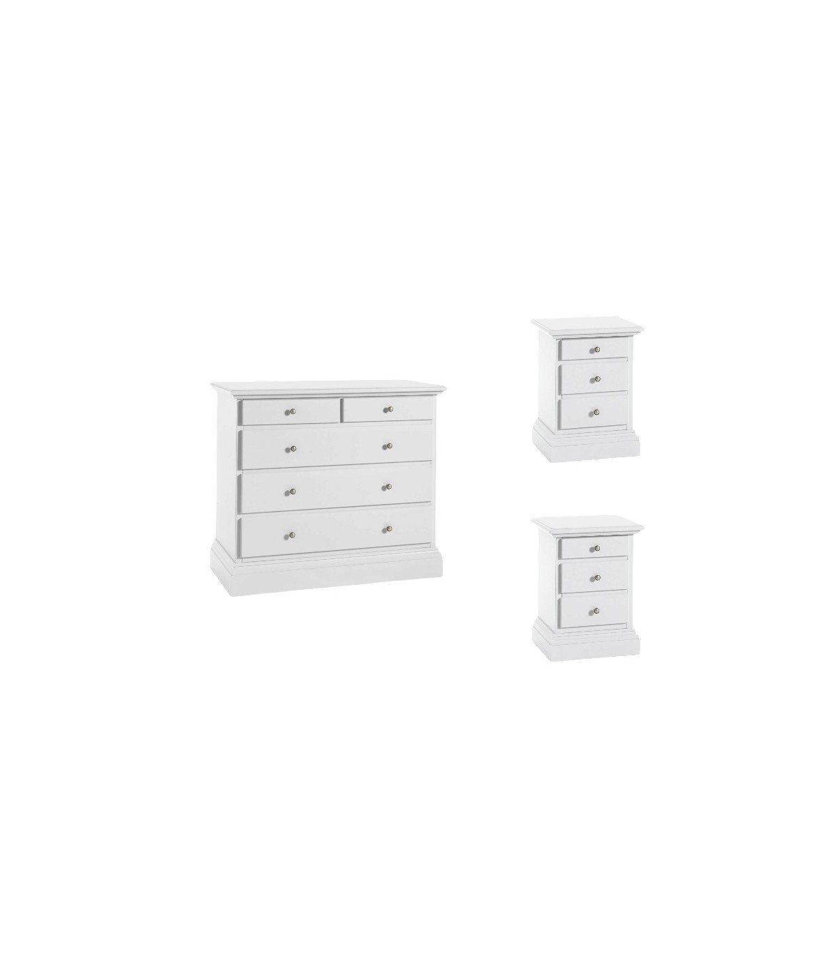 MOBILI 2G - Gruppo 1 Cassettiera 2 Comodini shabby bianco opaco vista frontale
