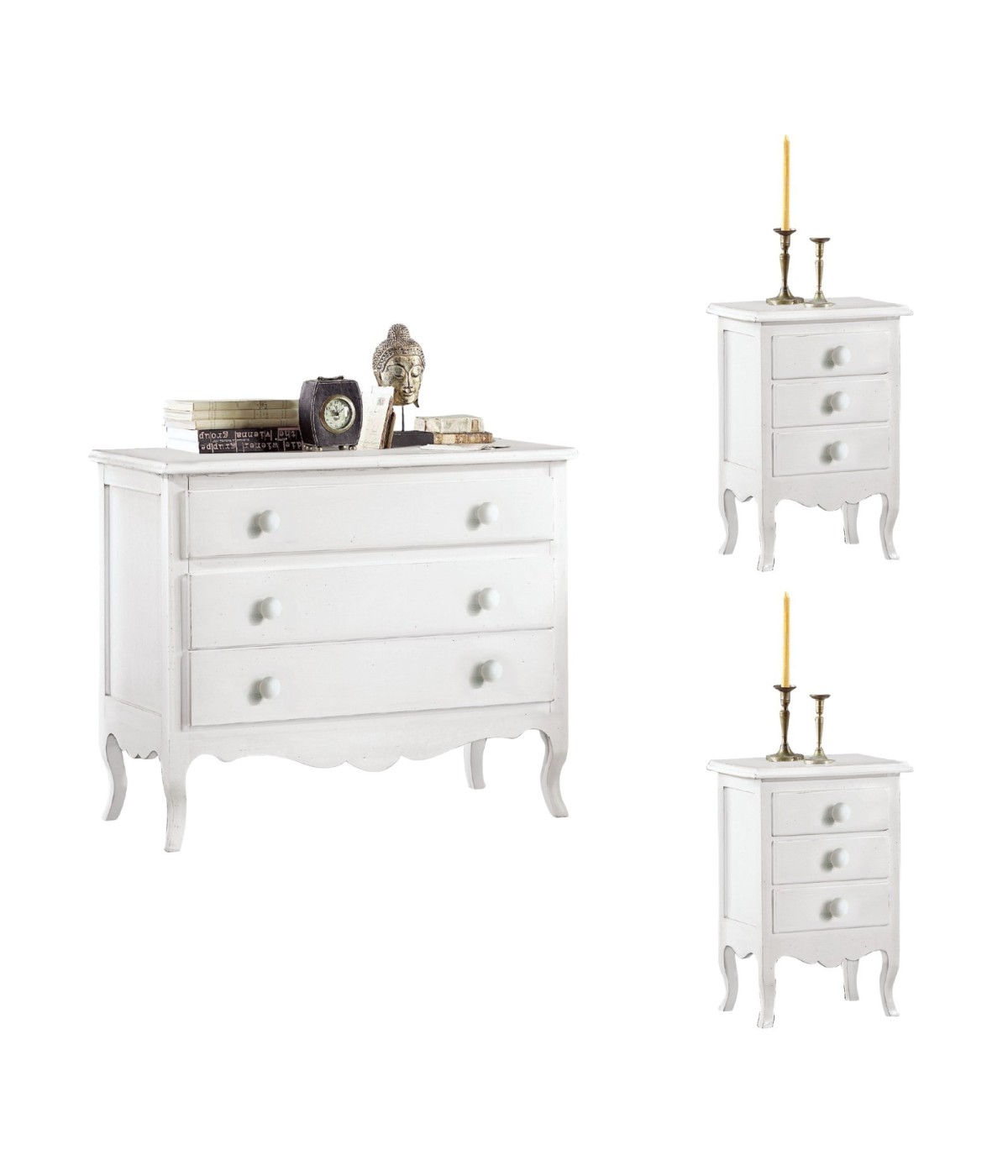 MOBILI 2G - Gruppo 1 Cassettiera 2 Comodini shabby bianco opaco VISTA FRONTALE