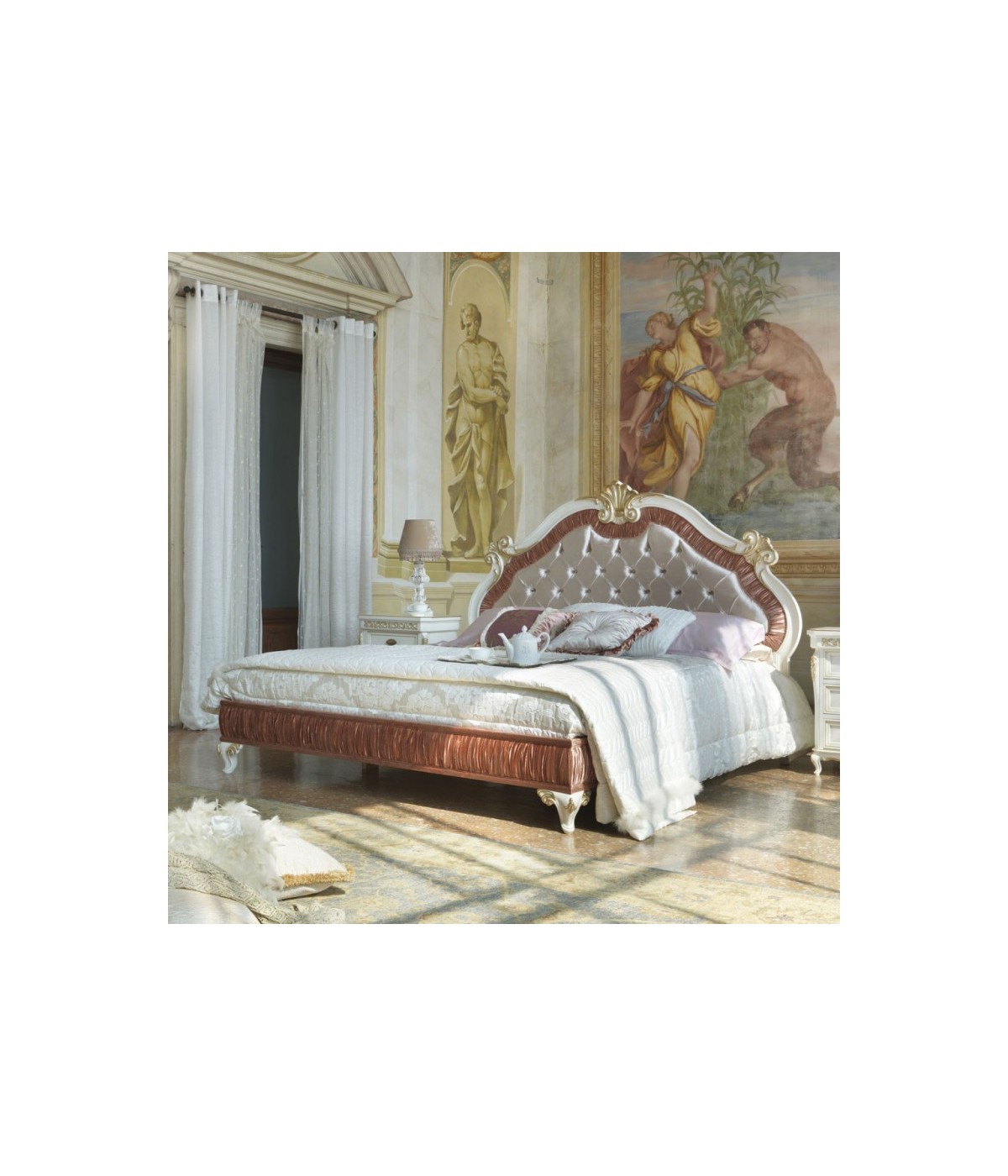 MOBILI 2G - Letto matrimoniale Classico veneziano Legno Bianco Argento oro 184x210 vista frontale