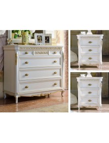 MOBILI 2G - Gruppo 1 comò 2 comodini veneziano legno bianco intagli argento oro vista frontale comò e comodini