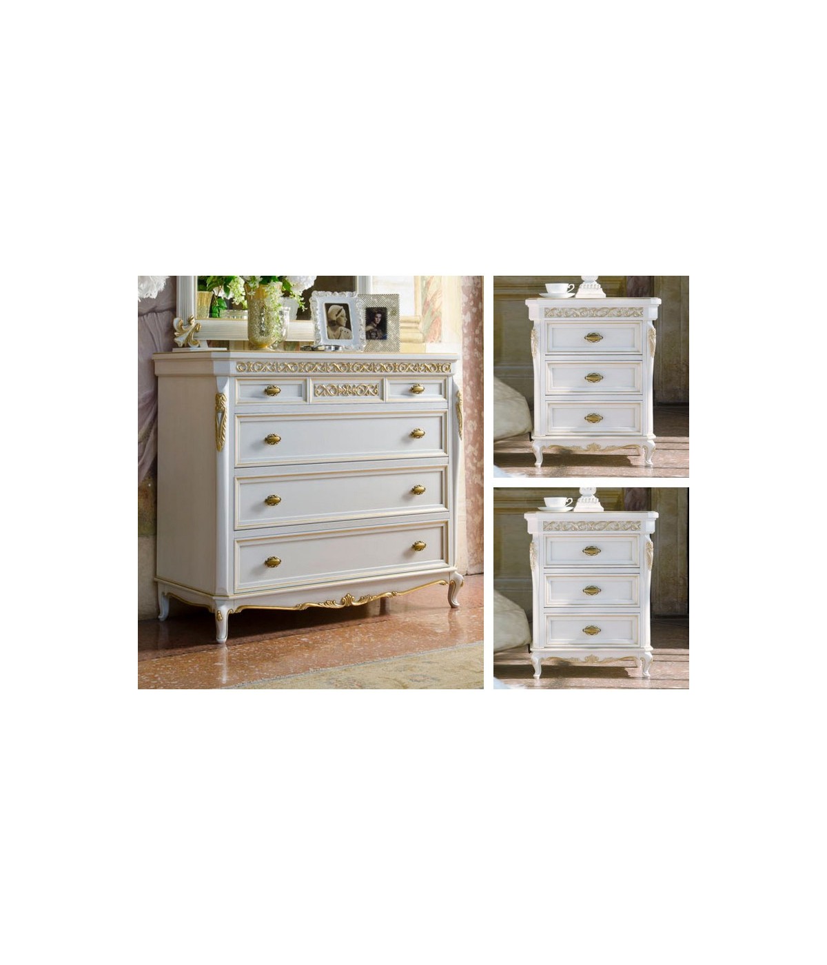 MOBILI 2G - Gruppo 1 comò 2 comodini veneziano legno bianco intagli argento oro vista frontale comò e comodini