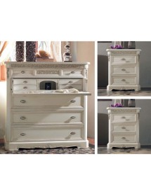 MOBILI 2G - Gruppo 1 comò 2 comodini veneziano legno bianco intagli argento oro vista frontale