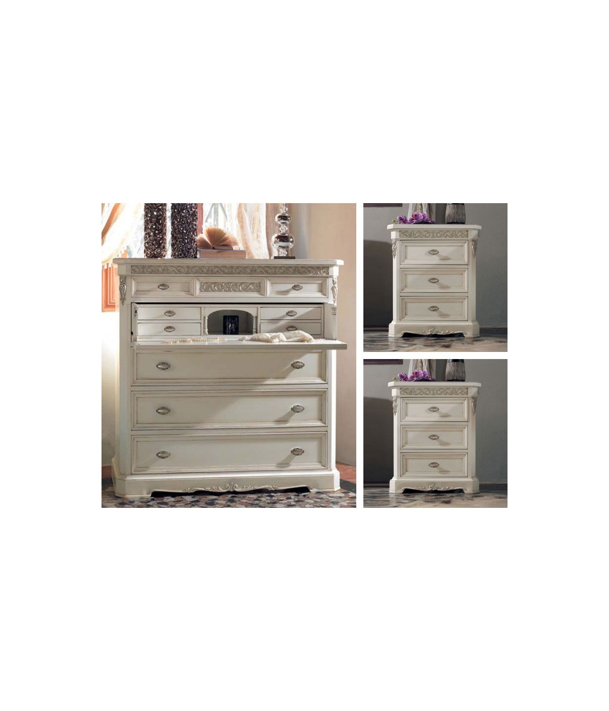 MOBILI 2G - Gruppo 1 comò 2 comodini veneziano legno bianco intagli argento oro vista frontale