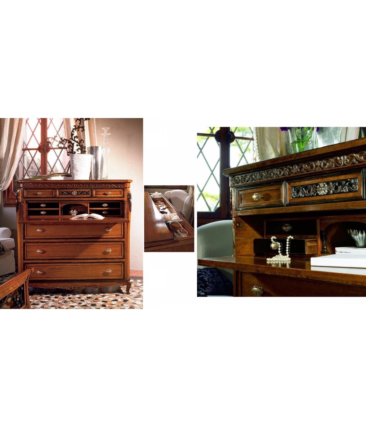 MOBILI 2G - Cassettiera 9 cassetti classica legno tinta noce bicolore 130X57X127 vista frontale