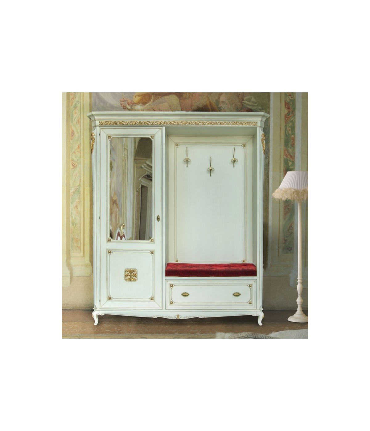 MOBILI 2G - Armadio classico ingresso Legno bianco argento oro 180x50x209 vista frontale aperto