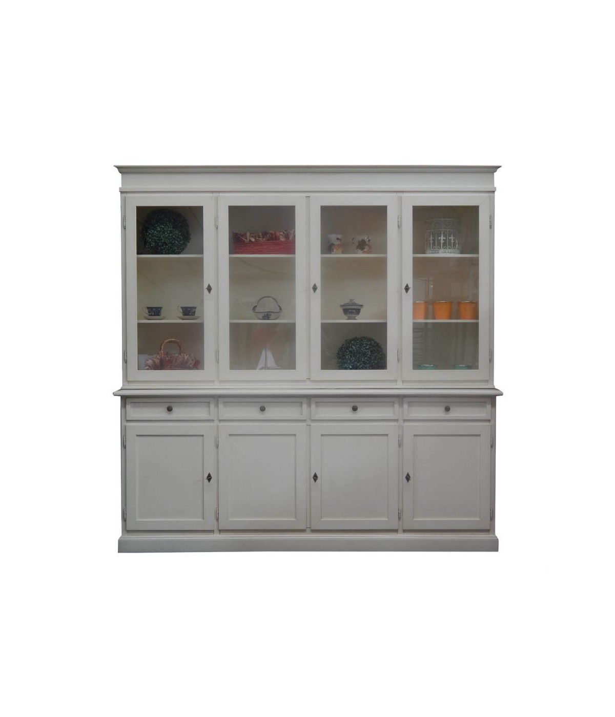 MOBILI 2G - Cristalliera classica 4 porte legno shabby bianco invecchiato 205X42X205 vista frontale