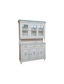 MOBILI 2G - Cristalliera 3 ante legno bianco invecchiato decori filo azzurro 150X43X208 VISTA FRONTALE