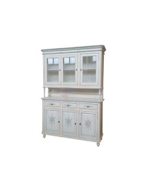 MOBILI 2G - Cristalliera 3 ante legno bianco invecchiato decori filo azzurro 150X43X208 VISTA FRONTALE