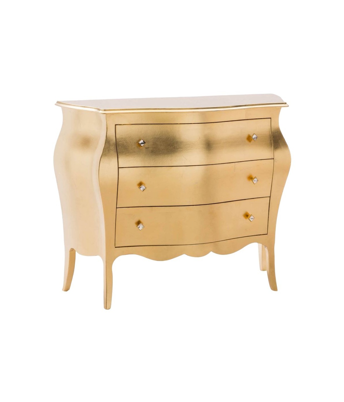 MOBILI 2G - Comò bombato legno foglia oro pomolo swarovski 116x45x85 vista frontale