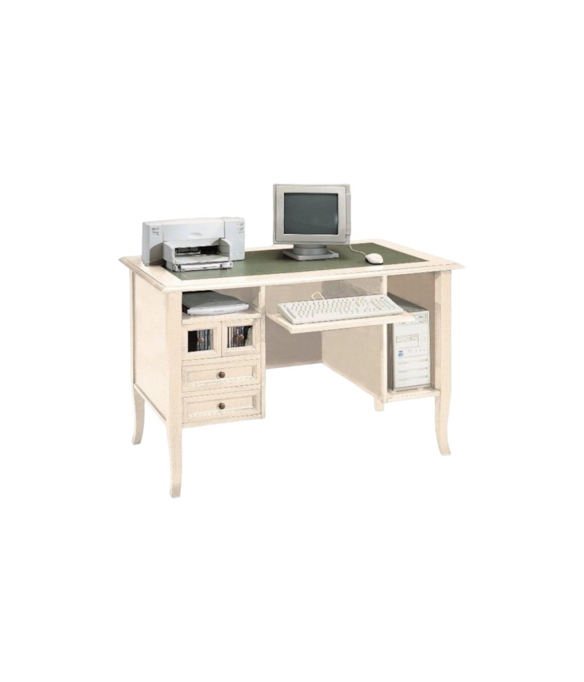 MOBILI 2G - SCRIVANIA IN LEGNO AVORIO PATINATO INSERTO PELLE L.130 P.74 H.83 vista frontale