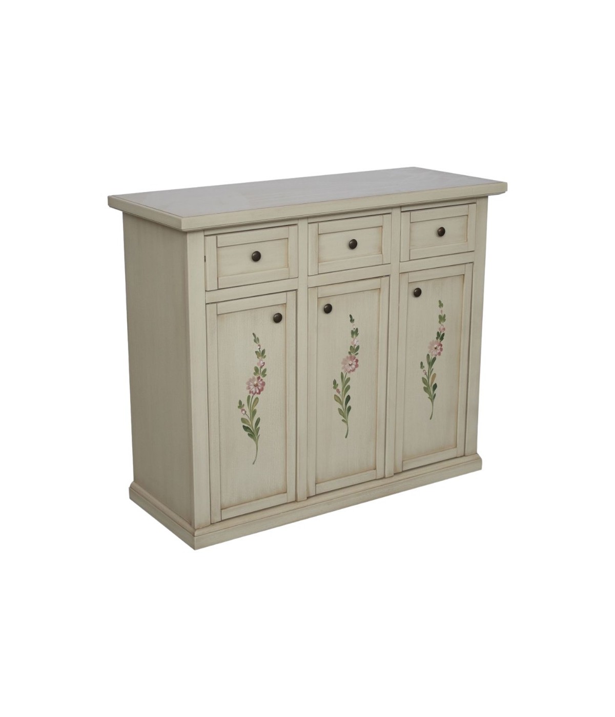MOBILI 2G - Credenza 3 porte 3 cassetti shabby avorio anticato decori 100x39x85 VISTA FRONTALE