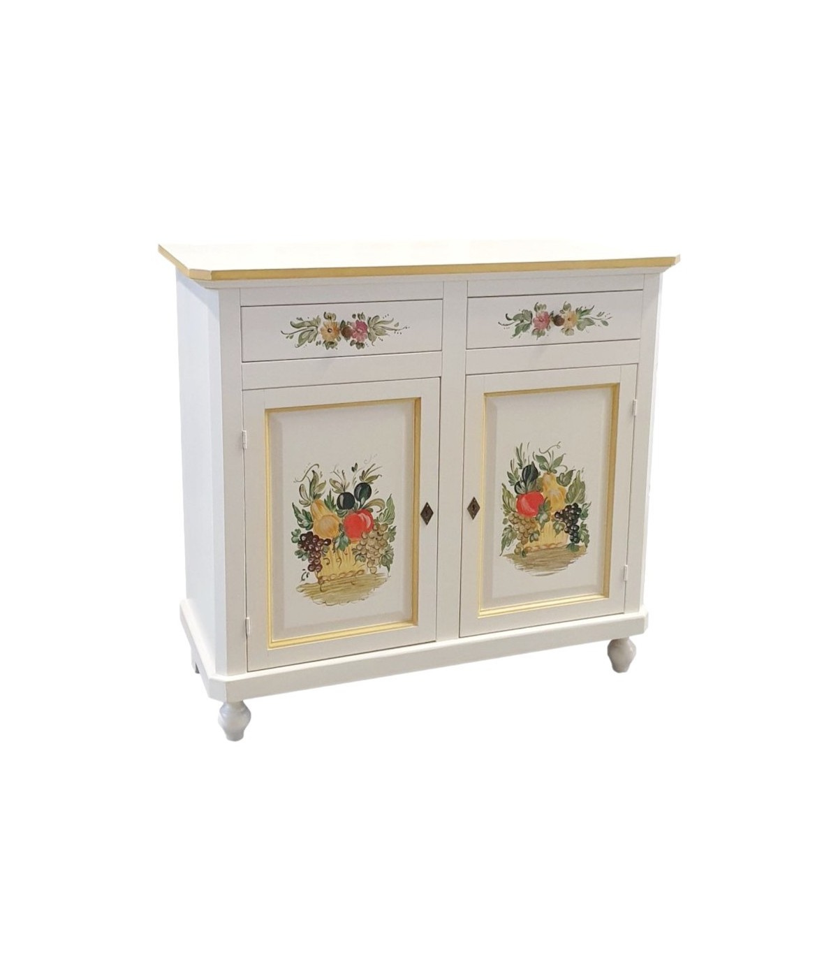 MOBILI 2G - Credenza 2 Ante Legno Bianca Decorata filo ocra 104X43X98 VISTA FRONTALE