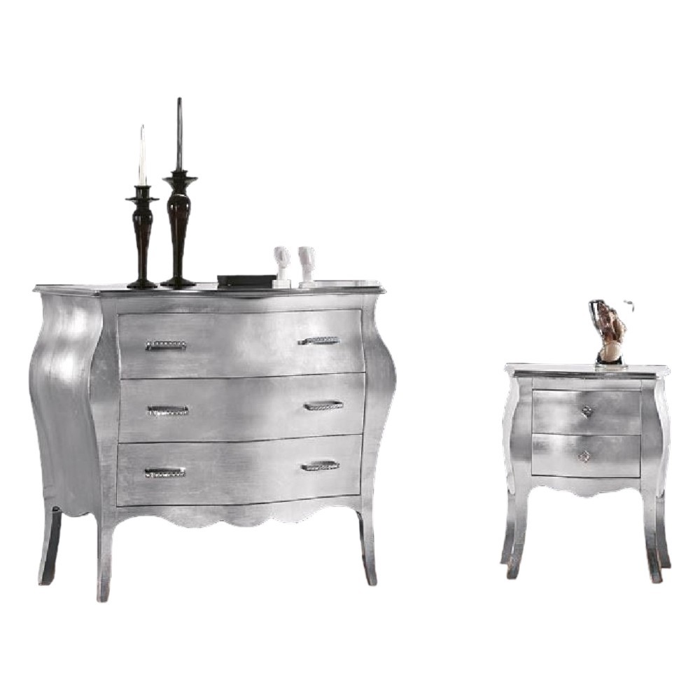 Gruppo 1 cassettiera 2 comodini bombati foglia argento maniglie swarovski (1251+1252) - Mobili 2G