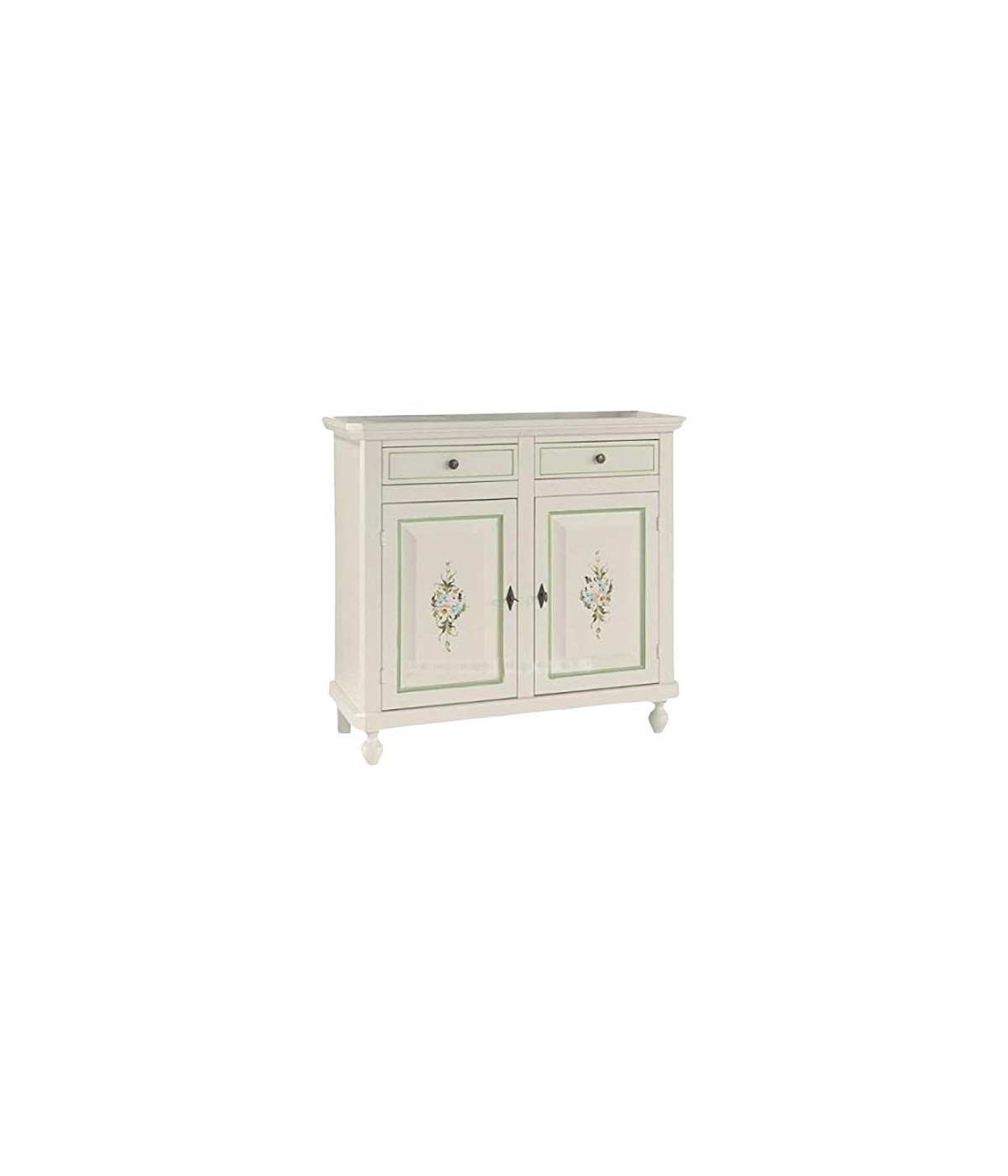 MOBILI 2G - MADIA CREDENZA 2 ANTE NAPOLETANA BIANCO DECORI E PROFILI VERDI  L.104 P.43 H.98 vista frontale