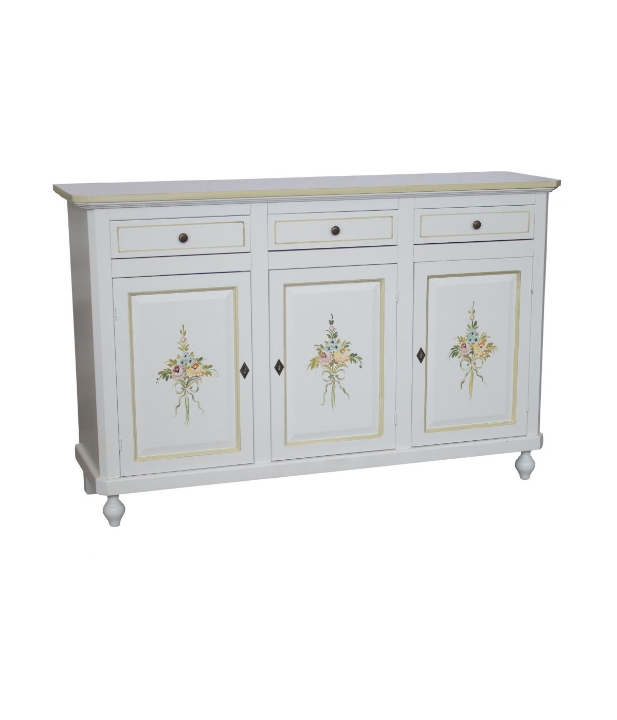 MOBILI 2G -  Credenza 2 Ante Legno Bianca Decorata Filo verde 150x43x98 VISTA FRONTALE