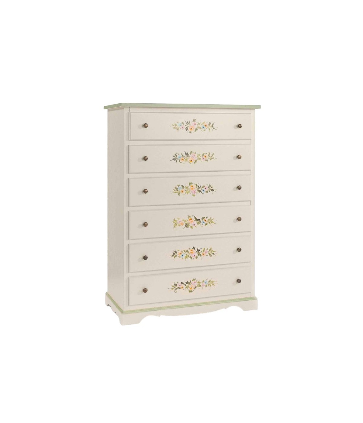 MOBILI 2G - Cassettiera 6 cassetti legno shabby bianco decori 97x49X140 VISTA FRONTALE
