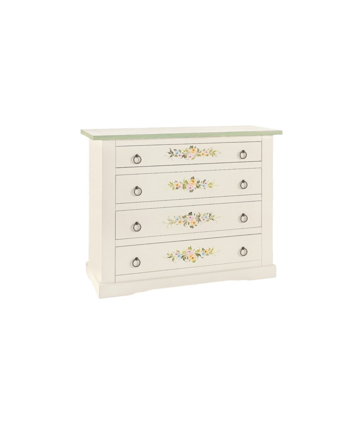 MOBILI 2G - Cassettiera 4 cassetti legno shabby bianco decori 115x50X90 vista frontale