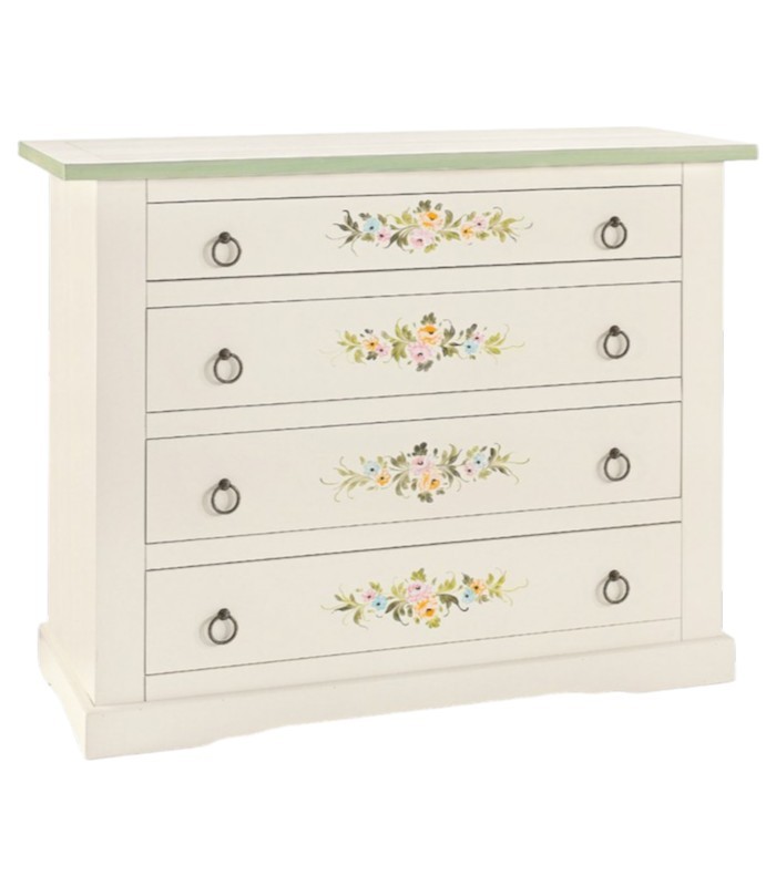 Cassettiera 4 cassetti legno shabby bianco decori 115x50x90 (498) - Mobili 2G