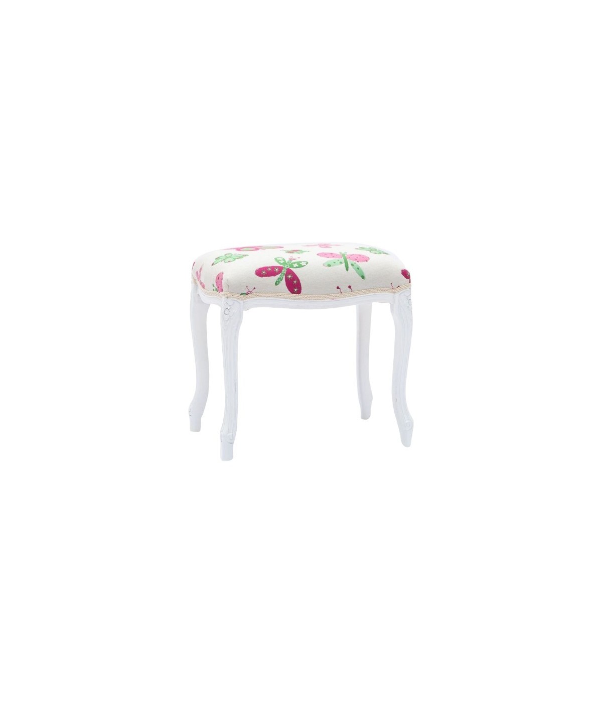 MOBILI 2G - Pouff imbottito tessuto farfalla legno shabby bianco 43x33x43 VISTA FRONTALE