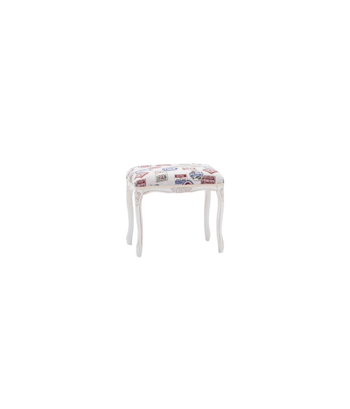 MOBILI 2G - Pouff imbottito tessuto francobollo legno shabby bianco 43x33x43 VISTA FRONTALE