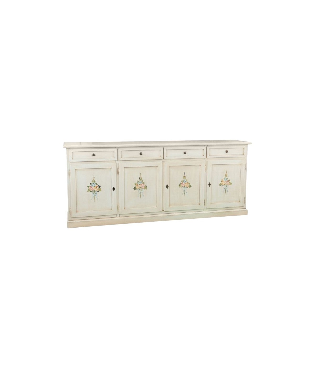 MOBILI 2G - Credenza 4 porte legno shabby bianco anticato decori 205X42X86 VISTA FRONTALE
