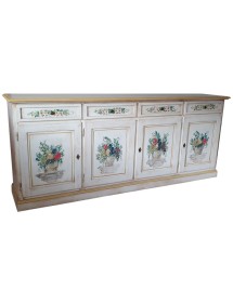 MOBILI 2G - Credenza 4 porte legno shabby bianco anticato decori ocra 205X42X86 vista frontale