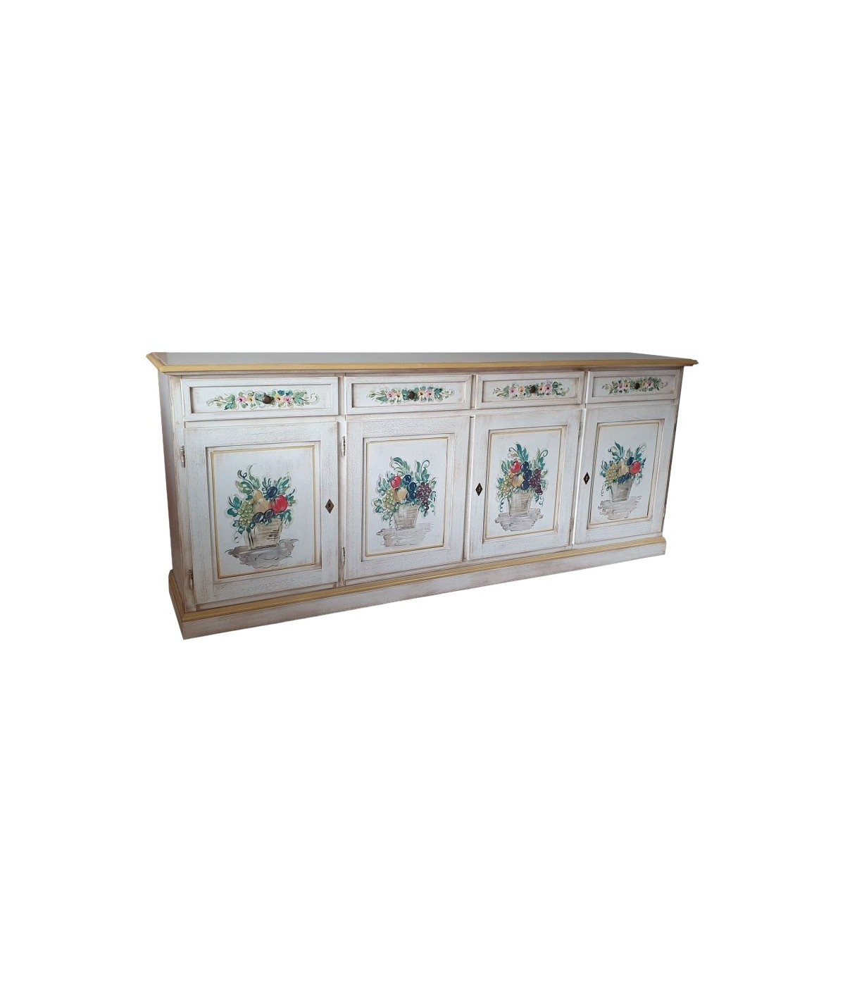 MOBILI 2G - Credenza 4 porte legno shabby bianco anticato decori ocra 205X42X86 vista frontale
