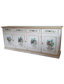 MOBILI 2G - Credenza 4 porte legno shabby bianco anticato decori ocra 205X42X86 vista frontale
