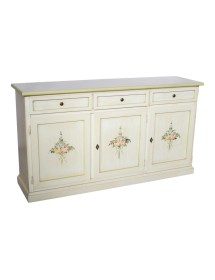 MOBILI 2G - Credenza 3 porte legno shabby bianco anticato decori verdi 156X42X86 vista frontale