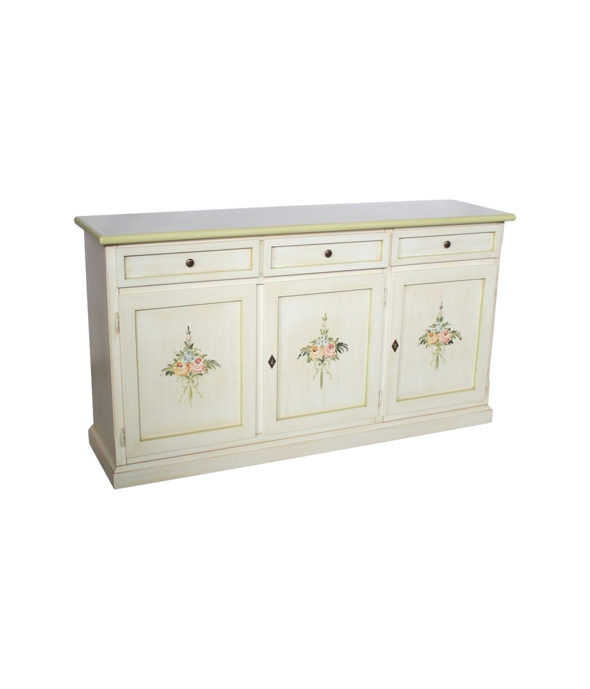 MOBILI 2G - Credenza 3 porte legno shabby bianco anticato decori verdi 156X42X86 vista frontale