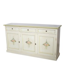MOBILI 2G - Credenza 3 porte legno shabby bianco anticato decori verdi 156X42X86 vista frontale
