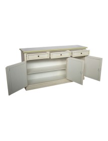 MOBILI 2G - Credenza 3 porte legno shabby bianco anticato decori verdi 156X42X86 vista frontale aperto