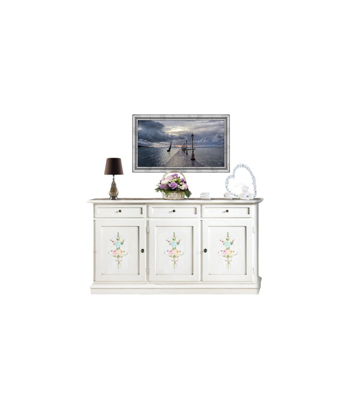 MOBILI 2G - Credenza 3 porte legno shabby bianco decori 156X42X86 vista frontale