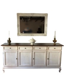 MOBILI 2G - Madia credenza 4 porte legno shabby bianco anticato e noce 205x45x98 VISTA FRONTALE