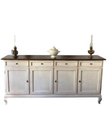 MOBILI 2G - Madia credenza 4 porte legno shabby bianco anticato e noce 205x45x98 VISTA FRONTALE