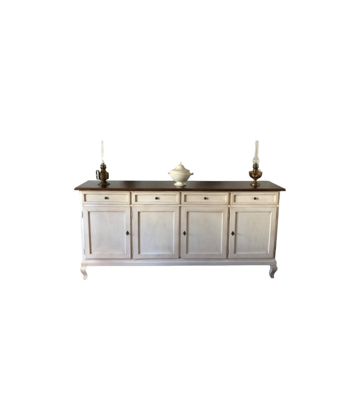 MOBILI 2G - Madia credenza 4 porte legno shabby bianco anticato e noce 205x45x98 VISTA FRONTALE